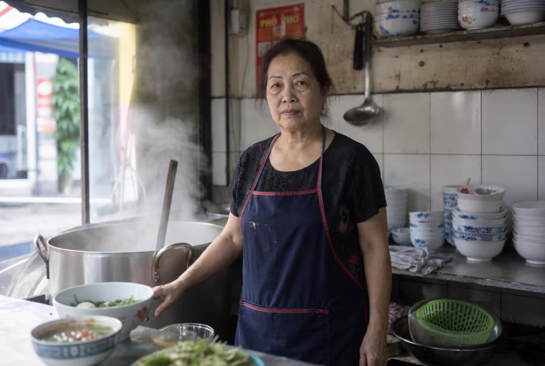 Bà Tâm in the kitchen of Phở Bà Tâm